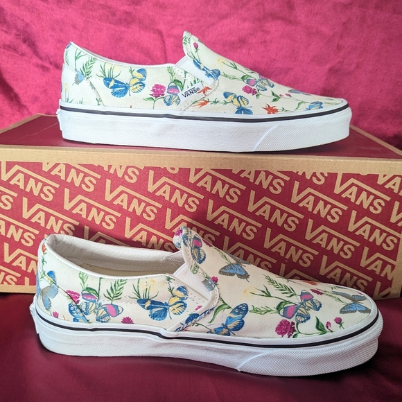 Vans Classic Slip On White Canvas Butterfly Floral Nature Women's 6.5 Men's 5 - Picture 3 of 9